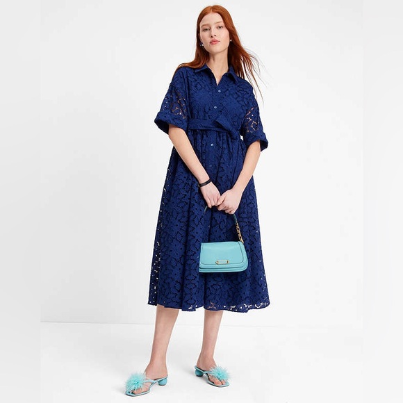 Kate Spade Blue Lace Montauk Midi Dress Medium Embroidered Cutwork French Navy - Picture 2 of 12